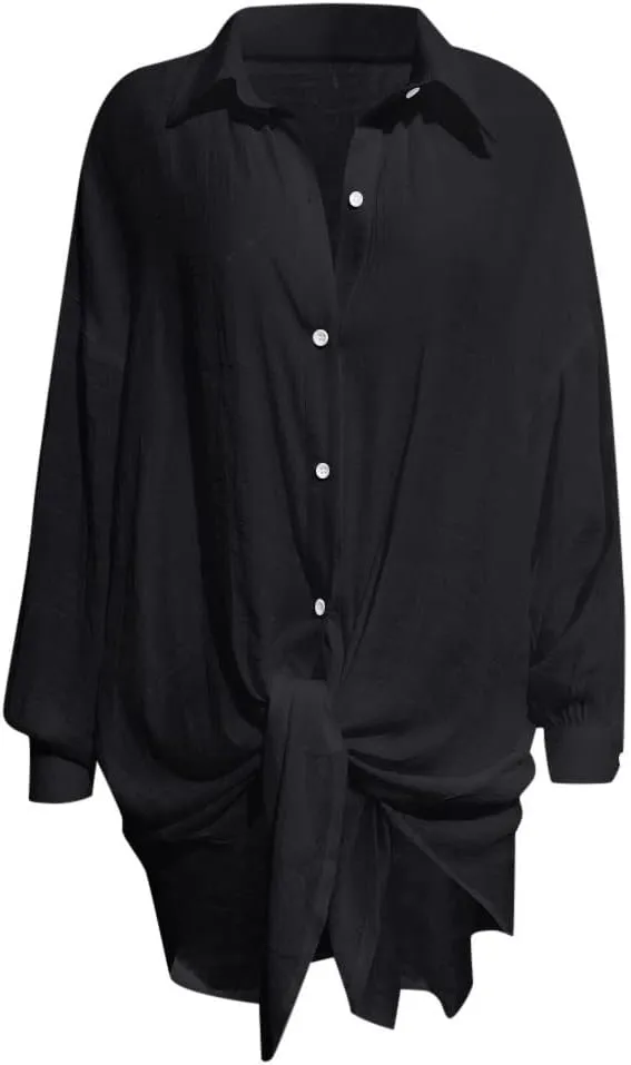 Ceboyel Women Casual Summer Gauze Tops Cotton Linen Long Sleeve Shirts Button Down Collared Blouses Trendy Ladies Outfits
