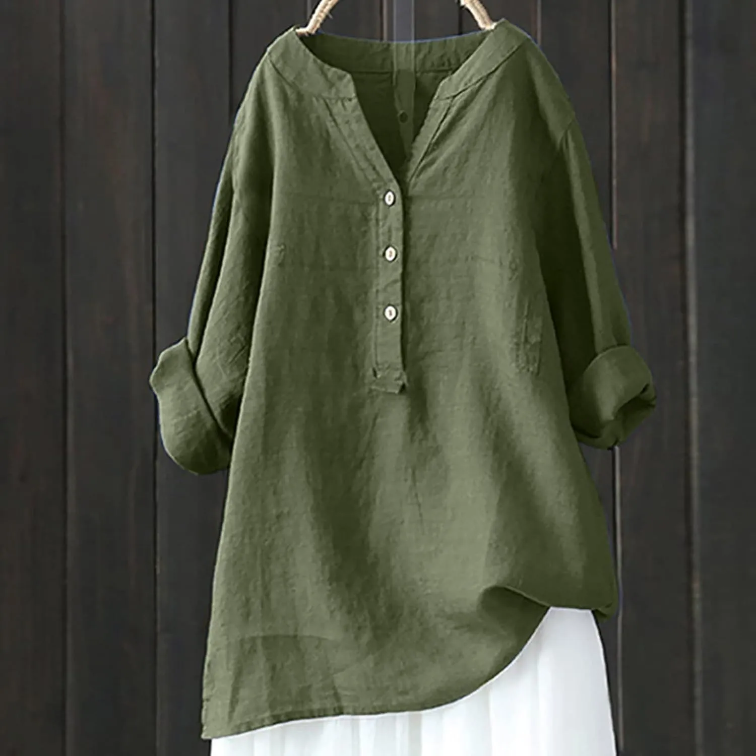 Ceboyel Women Cotton Linen Shirts Button Down Summer Blouse Roll-Up Sleeve Tops Tunic Trendy Boho Ladies Clothes 2023