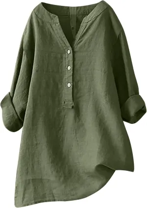 Ceboyel Women Cotton Linen Shirts Button Down Summer Blouse Roll-Up Sleeve Tops Tunic Trendy Boho Ladies Clothes 2023