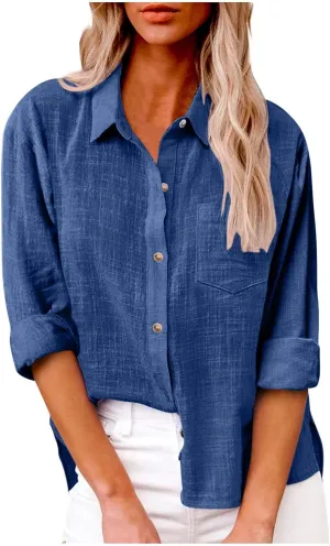 Ceboyel Women Linen Button Down Blouses Roll Up Sleeve Collared Shirts Summer Cotton Gauze Tops Casual Ladies Outfits 2023