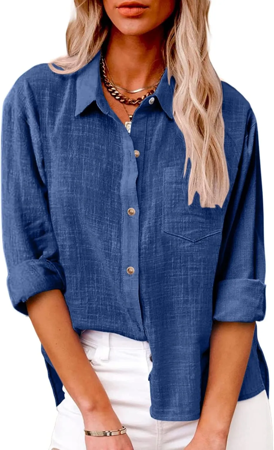 Ceboyel Women Linen Button Down Blouses Roll Up Sleeve Collared Shirts Summer Cotton Gauze Tops Casual Ladies Outfits 2023