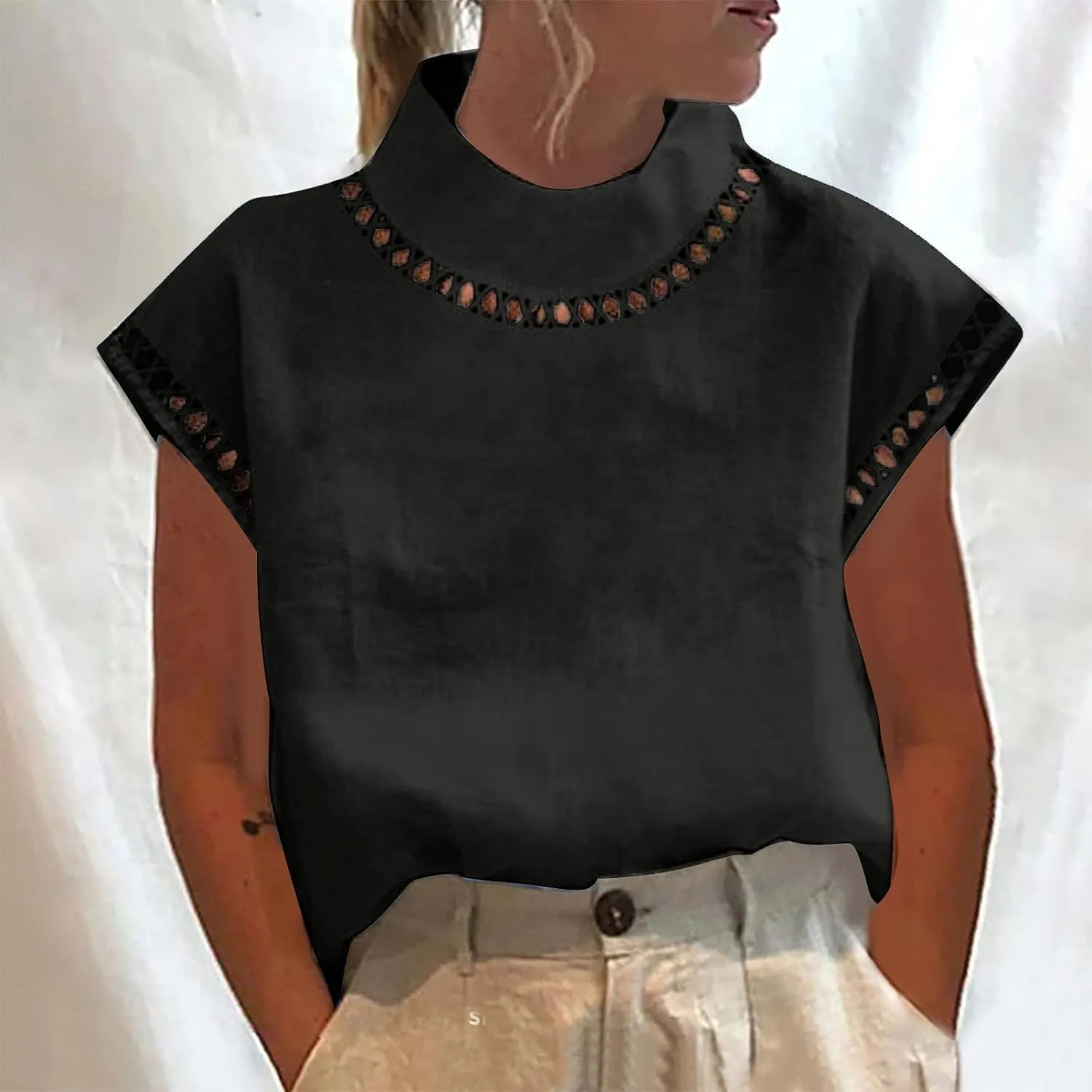 Ceboyel Women Linen Summer Shirt Dressy Causal Boho Blouses Short Sleeve Turtle Neck Tops Trendy Ladies Going Out Clothes
