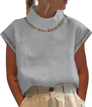 Ceboyel Women Linen Summer Shirt Dressy Causal Boho Blouses Short Sleeve Turtle Neck Tops Trendy Ladies Going Out Clothes