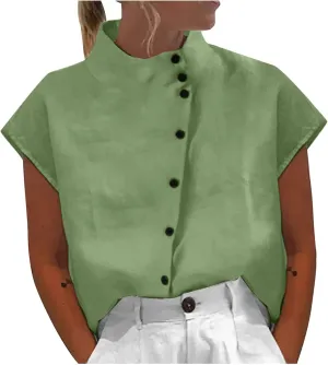 Ceboyel Women Linen Summer Shirt Dressy Causal Boho Blouses Short Sleeve Turtle Neck Tops Trendy Ladies Going Out Clothes