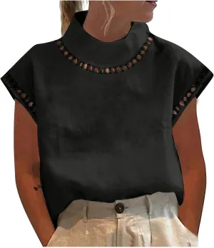 Ceboyel Women Linen Summer Shirt Dressy Causal Boho Blouses Short Sleeve Turtle Neck Tops Trendy Ladies Going Out Clothes