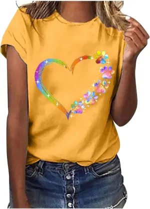 Ceboyel Women Love Heart Print Graphic Tees Short Sleeve Casual Blouses Crew Neck Cute T Shirts Trendy Ladies Clothes 2023