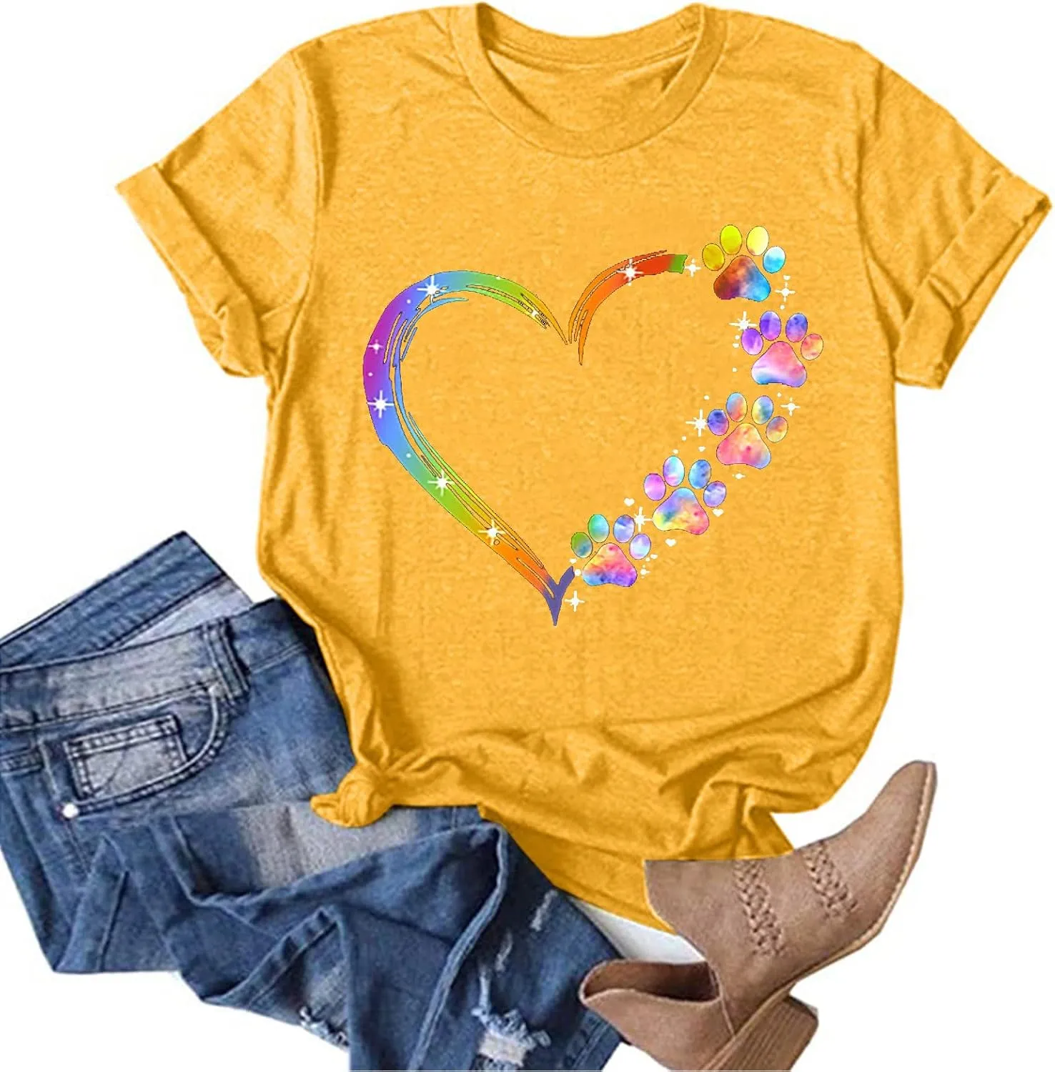 Ceboyel Women Love Heart Print Graphic Tees Short Sleeve Casual Blouses Crew Neck Cute T Shirts Trendy Ladies Clothes 2023