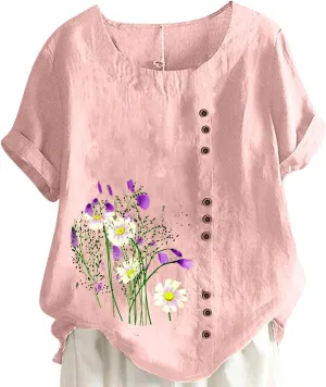 Ceboyel Women Summer Cotton Linen Shirts Dandelion Print Blouses Short Sleeve Casual Tops Boho Loose Fit Ladies Clothing