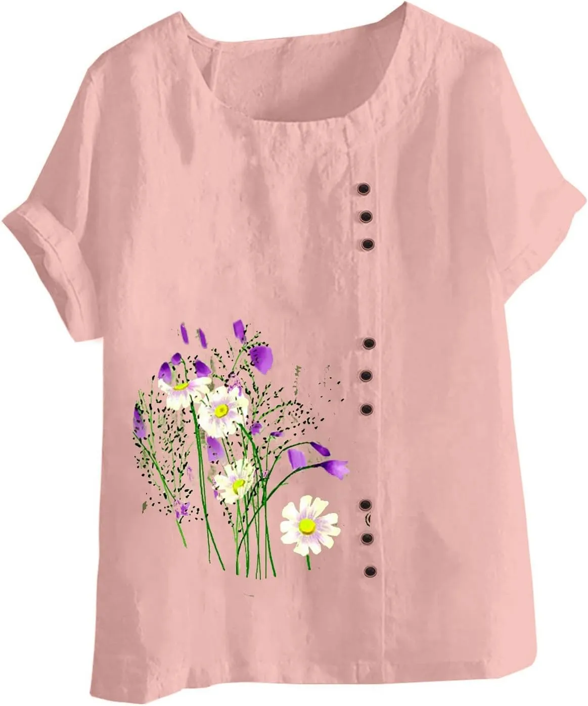 Ceboyel Women Summer Cotton Linen Shirts Dandelion Print Blouses Short Sleeve Casual Tops Boho Loose Fit Ladies Clothing