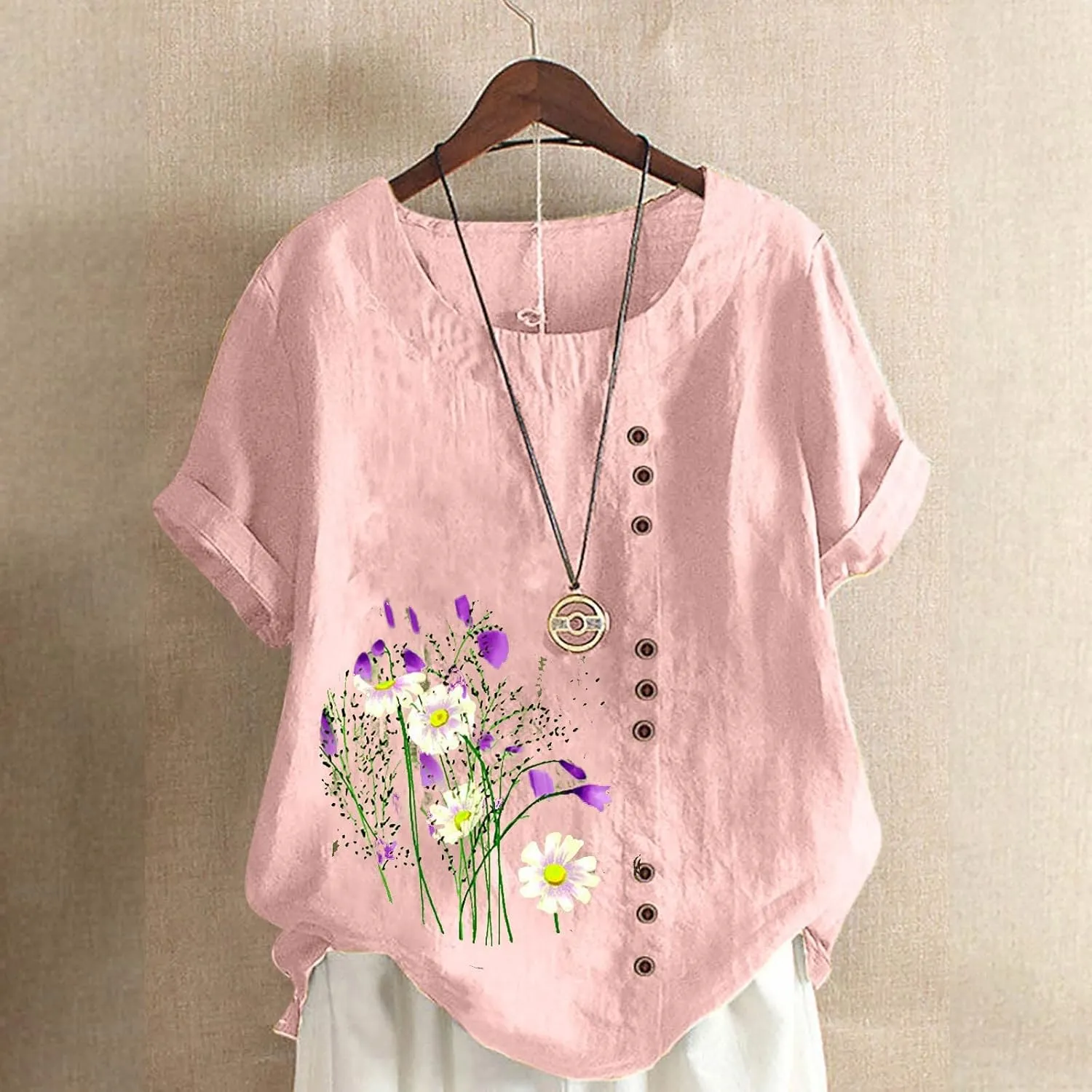 Ceboyel Women Summer Cotton Linen Shirts Dandelion Print Blouses Short Sleeve Casual Tops Boho Loose Fit Ladies Clothing