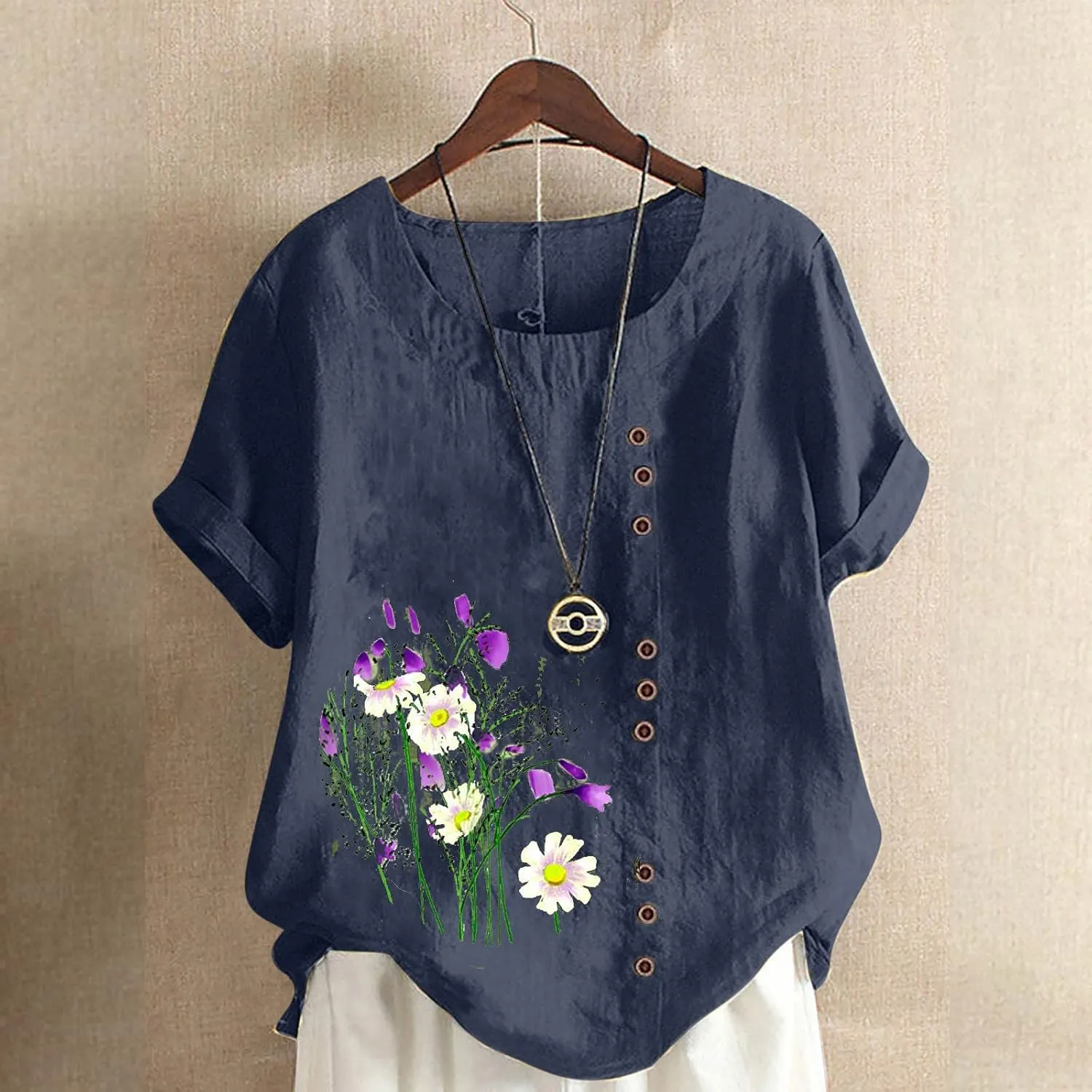 Ceboyel Women Summer Cotton Linen Shirts Dandelion Print Blouses Short Sleeve Casual Tops Boho Loose Fit Ladies Clothing