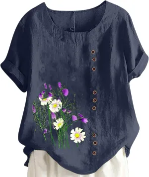 Ceboyel Women Summer Cotton Linen Shirts Dandelion Print Blouses Short Sleeve Casual Tops Boho Loose Fit Ladies Clothing