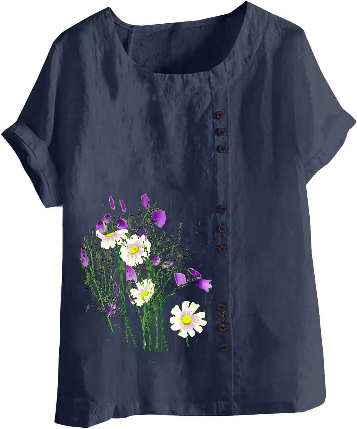 Ceboyel Women Summer Cotton Linen Shirts Dandelion Print Blouses Short Sleeve Casual Tops Boho Loose Fit Ladies Clothing