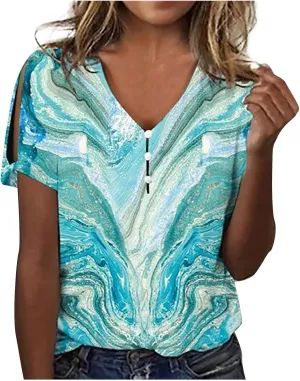 Ceboyel Womens Marble Print Casual T-Shirt Hollow Short Sleeve Blouses Tshirts V Neck Summer Tee Tops Cute Fashion Clothing