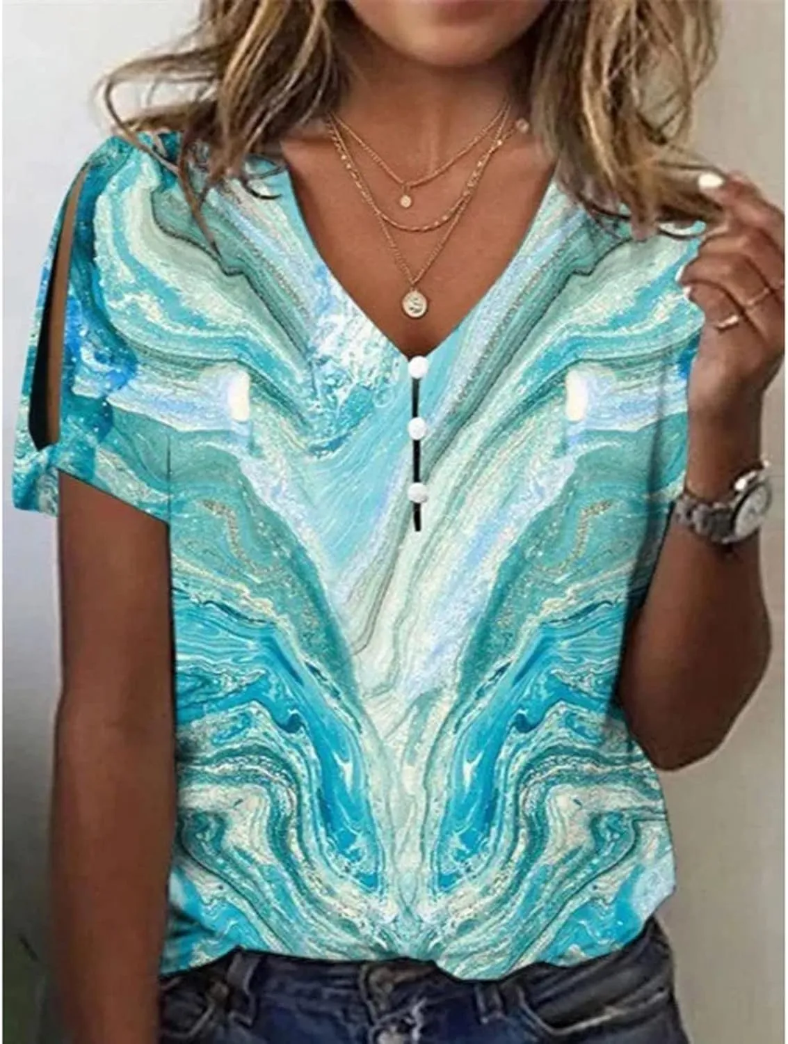 Ceboyel Womens Marble Print Casual T-Shirt Hollow Short Sleeve Blouses Tshirts V Neck Summer Tee Tops Cute Fashion Clothing