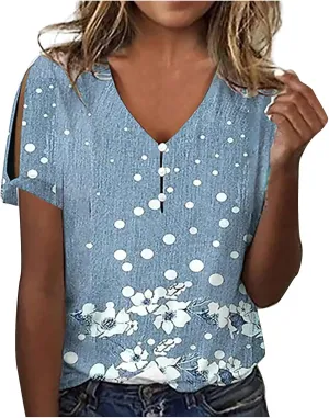 Ceboyel Womens Marble Print Casual T-Shirt Hollow Short Sleeve Blouses Tshirts V Neck Summer Tee Tops Cute Fashion Clothing