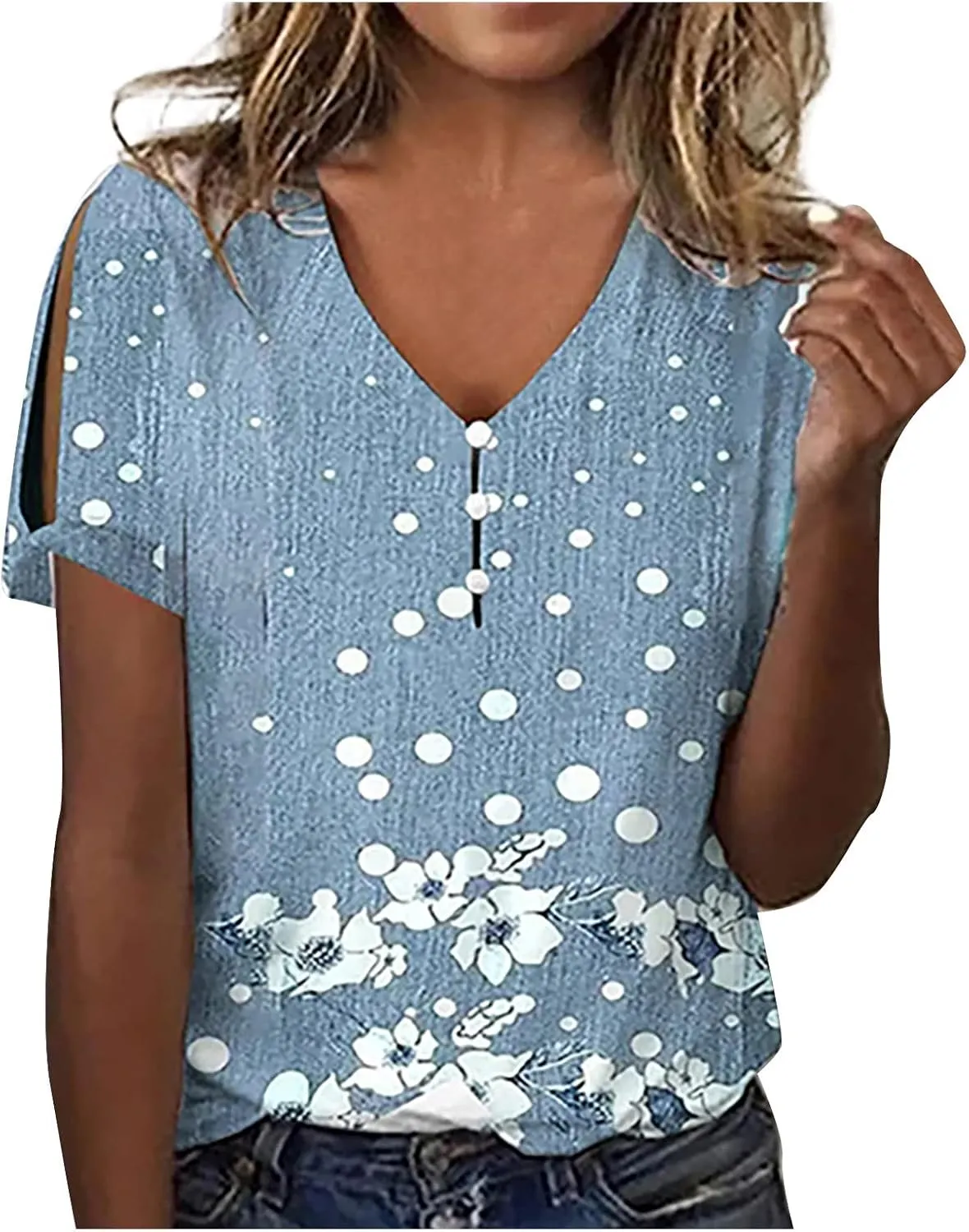 Ceboyel Womens Marble Print Casual T-Shirt Hollow Short Sleeve Blouses Tshirts V Neck Summer Tee Tops Cute Fashion Clothing