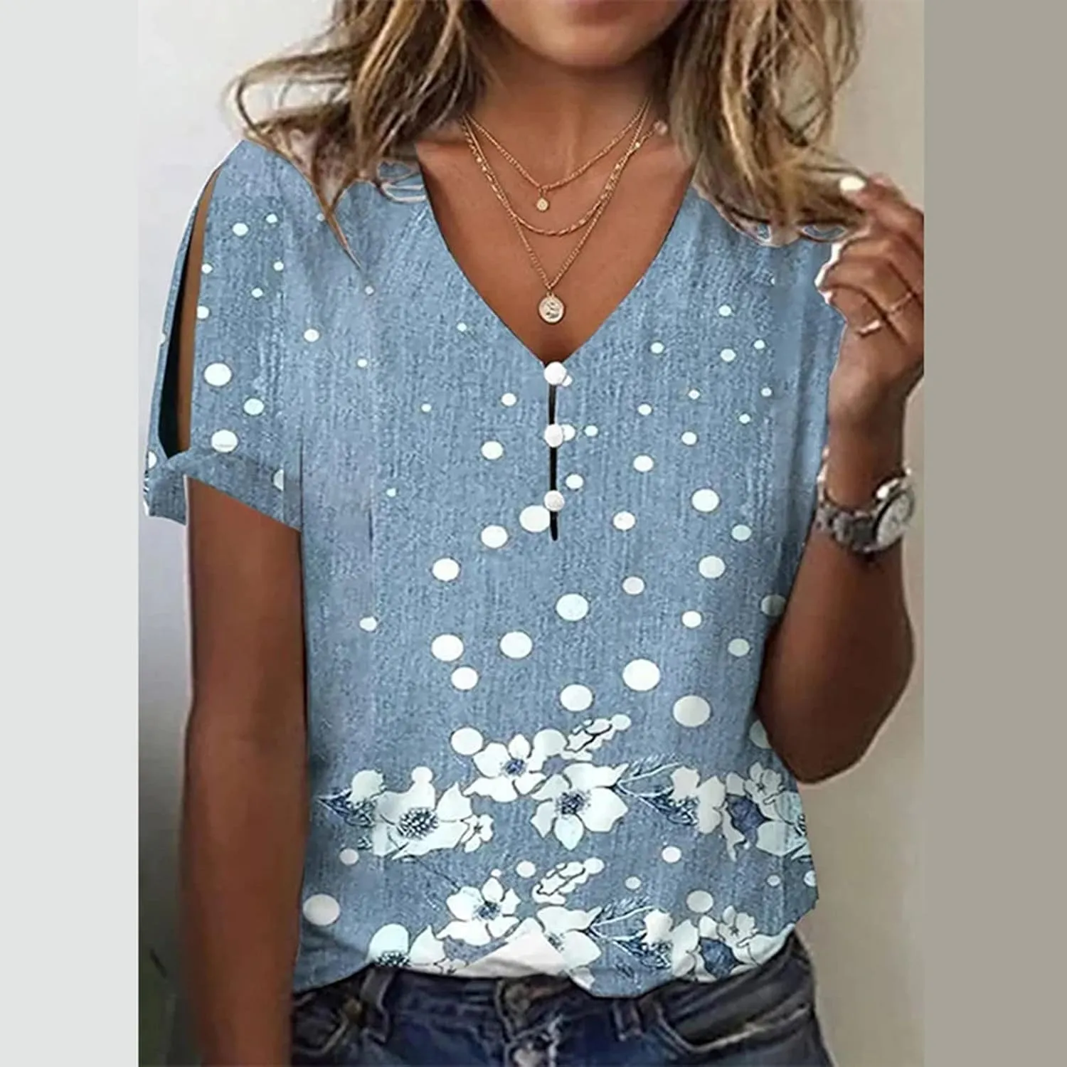 Ceboyel Womens Marble Print Casual T-Shirt Hollow Short Sleeve Blouses Tshirts V Neck Summer Tee Tops Cute Fashion Clothing