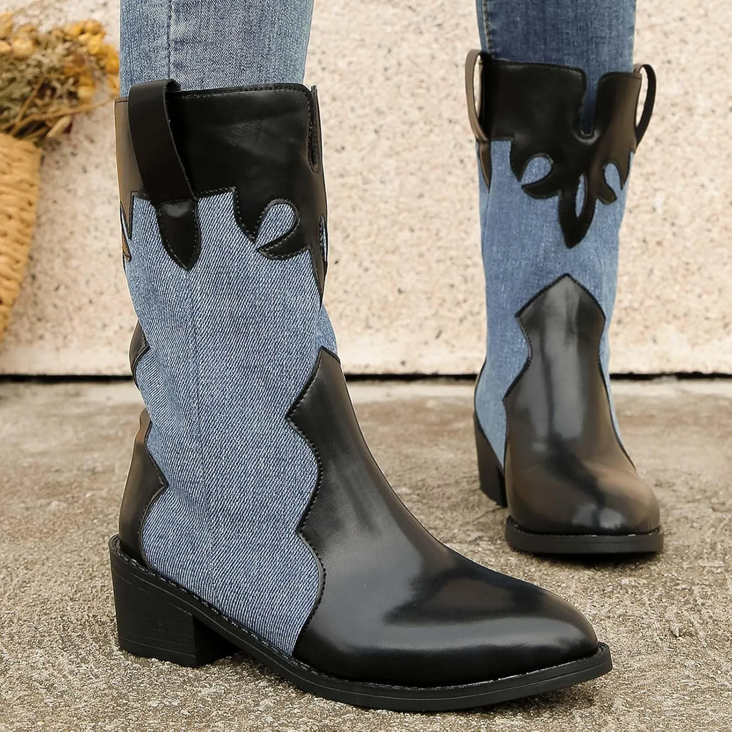 Cowboy Boots for Women Pointed Toe Chunky Heel Color Block Dressy Mid Calf Boots Retro Trendy Western Women Boots