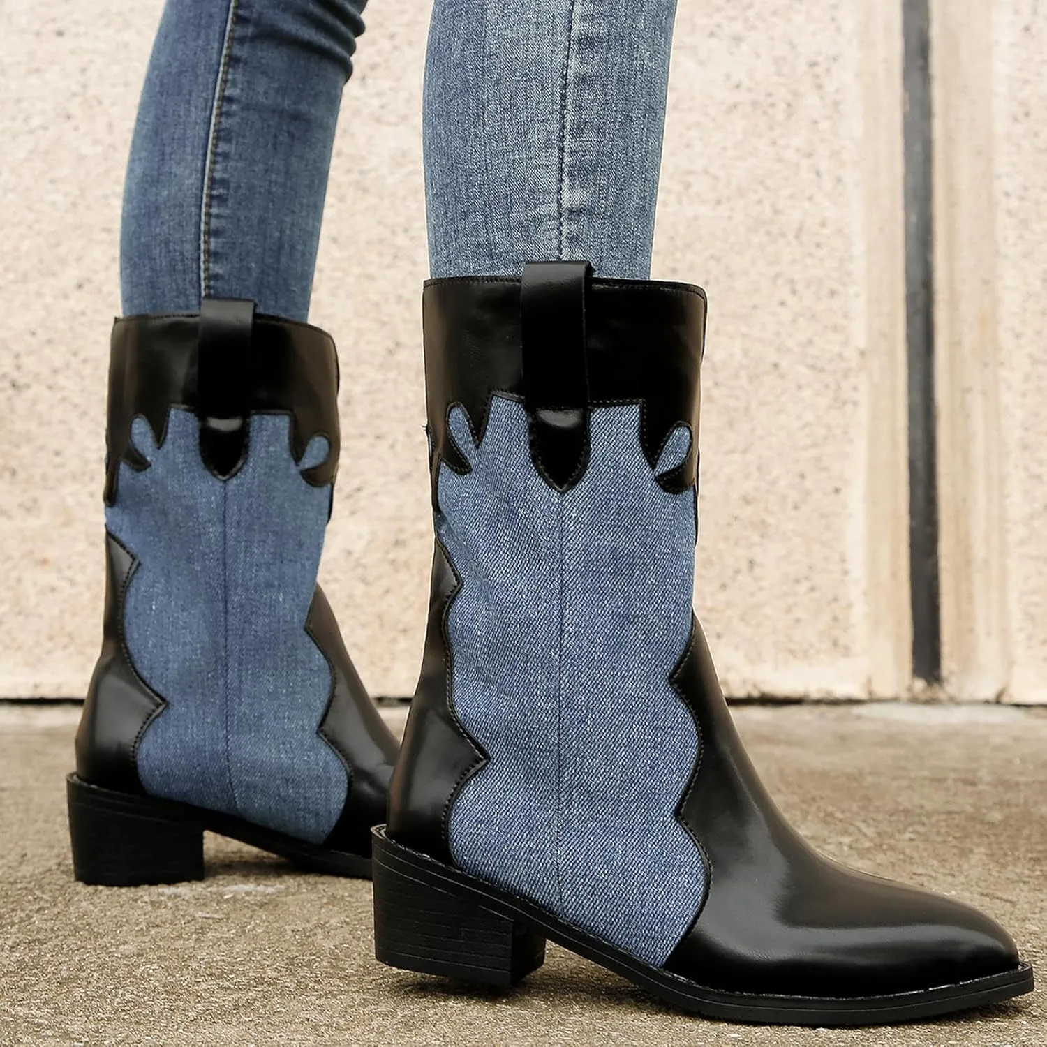 Cowboy Boots for Women Pointed Toe Chunky Heel Color Block Dressy Mid Calf Boots Retro Trendy Western Women Boots