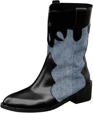 Cowboy Boots for Women Pointed Toe Chunky Heel Color Block Dressy Mid Calf Boots Retro Trendy Western Women Boots