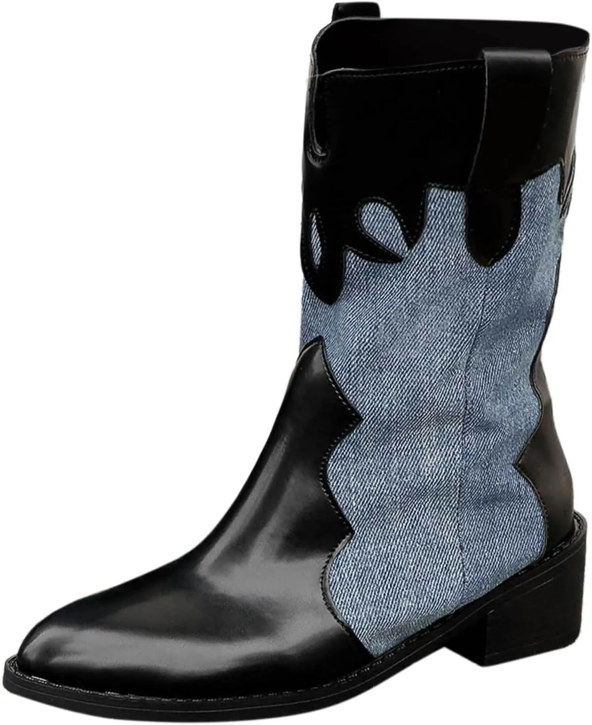 Cowboy Boots for Women Pointed Toe Chunky Heel Color Block Dressy Mid Calf Boots Retro Trendy Western Women Boots