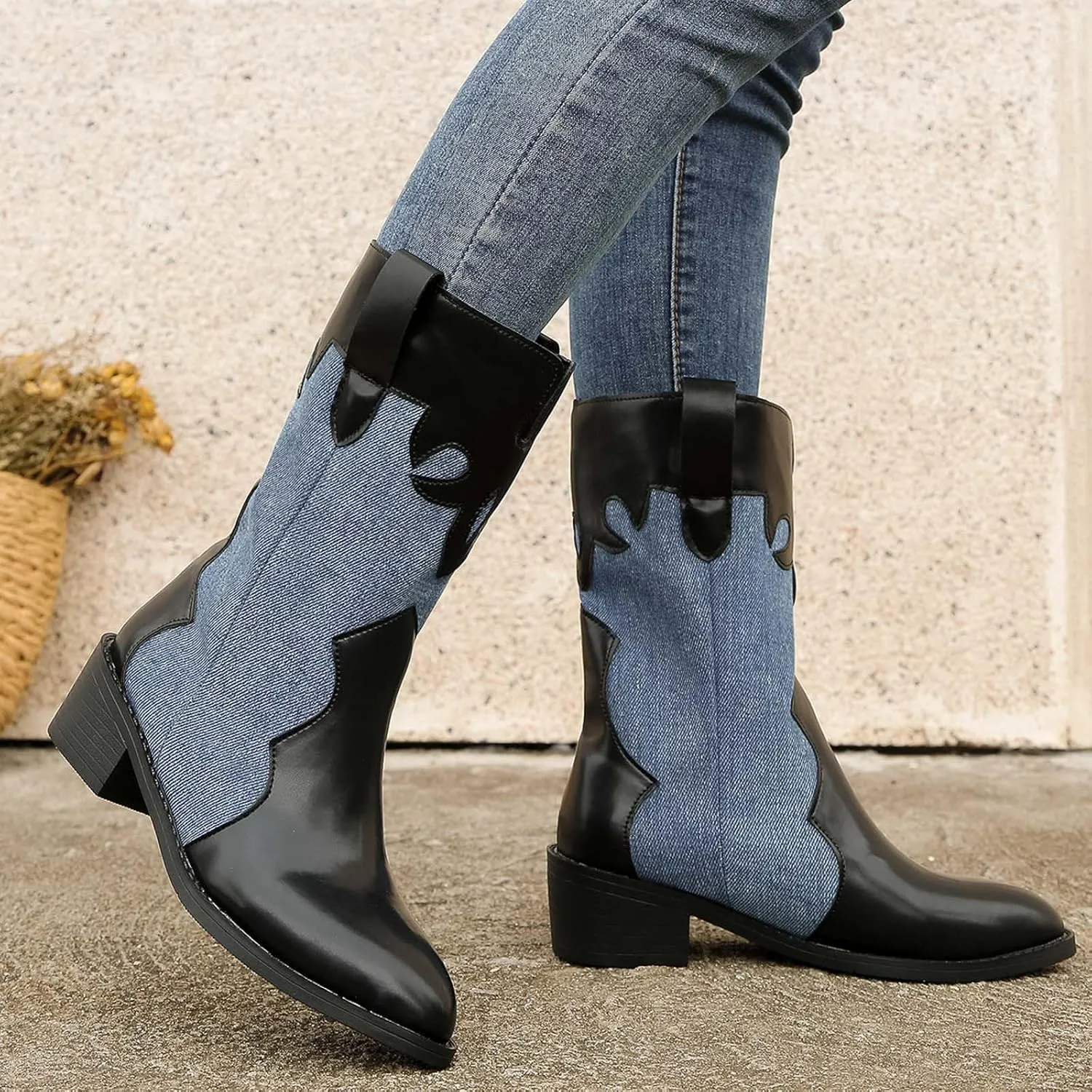 Cowboy Boots for Women Pointed Toe Chunky Heel Color Block Dressy Mid Calf Boots Retro Trendy Western Women Boots