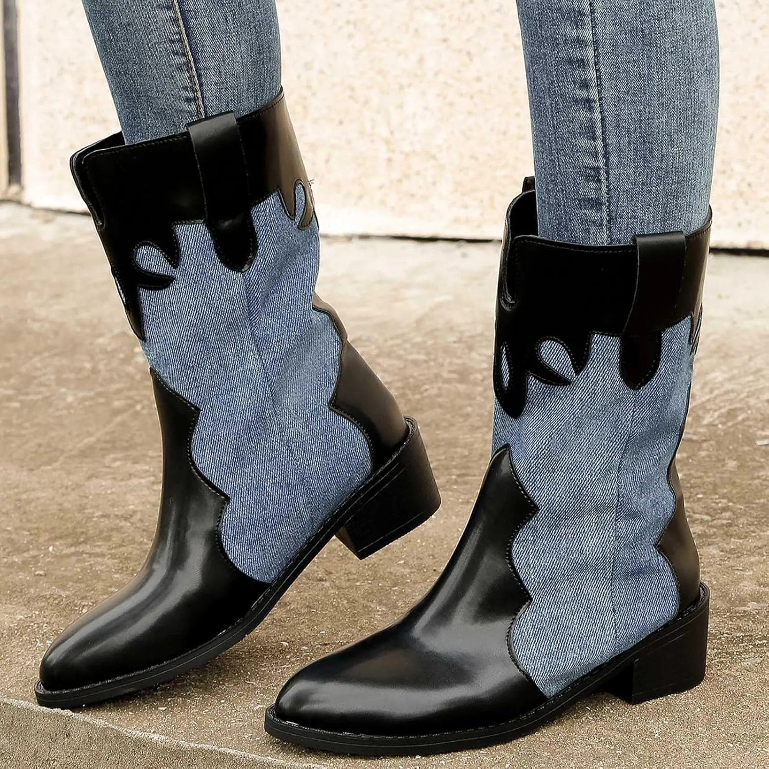 Cowboy Boots for Women Pointed Toe Chunky Heel Color Block Dressy Mid Calf Boots Retro Trendy Western Women Boots