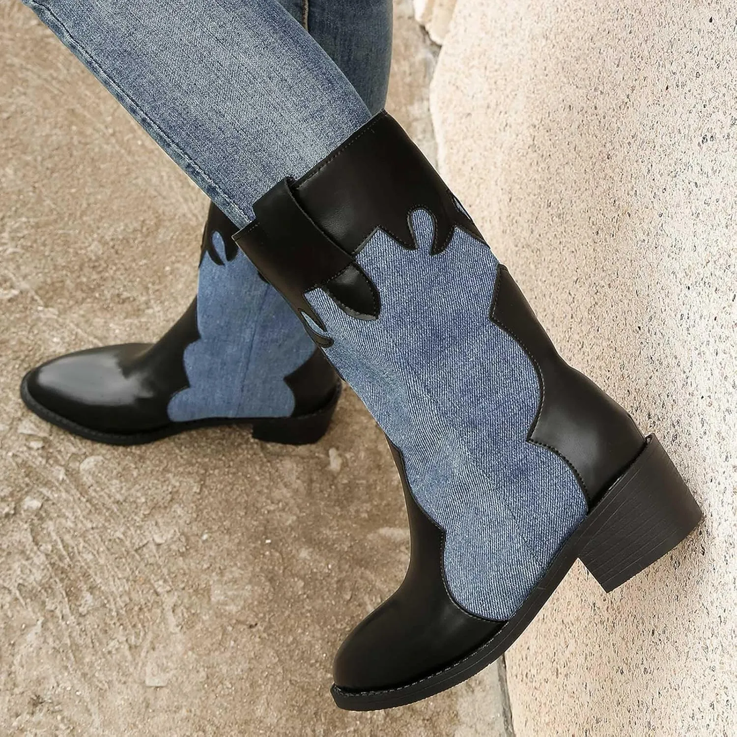 Cowboy Boots for Women Pointed Toe Chunky Heel Color Block Dressy Mid Calf Boots Retro Trendy Western Women Boots