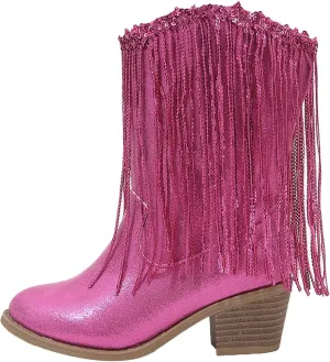 Cowgirl Boots for Girls Western Cowboy Boots Mid Calf Riding Shoes Glitter Fringe Mid Calf Boots with Block Low Heels