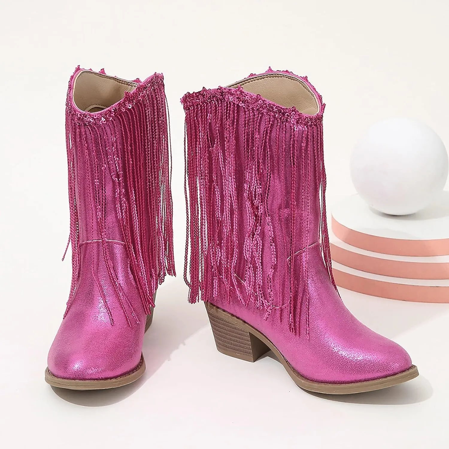 Cowgirl Boots for Girls Western Cowboy Boots Mid Calf Riding Shoes Glitter Fringe Mid Calf Boots with Block Low Heels