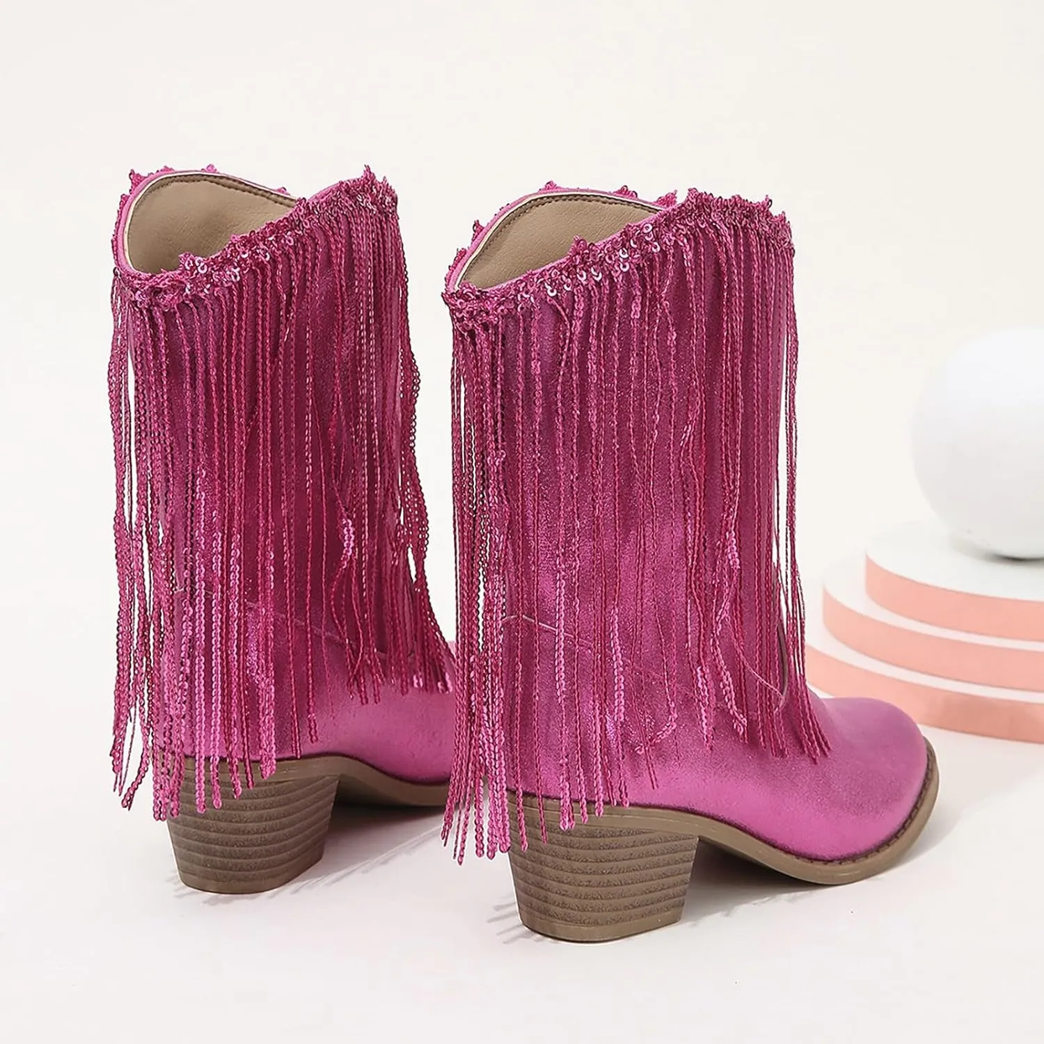Cowgirl Boots for Girls Western Cowboy Boots Mid Calf Riding Shoes Glitter Fringe Mid Calf Boots with Block Low Heels