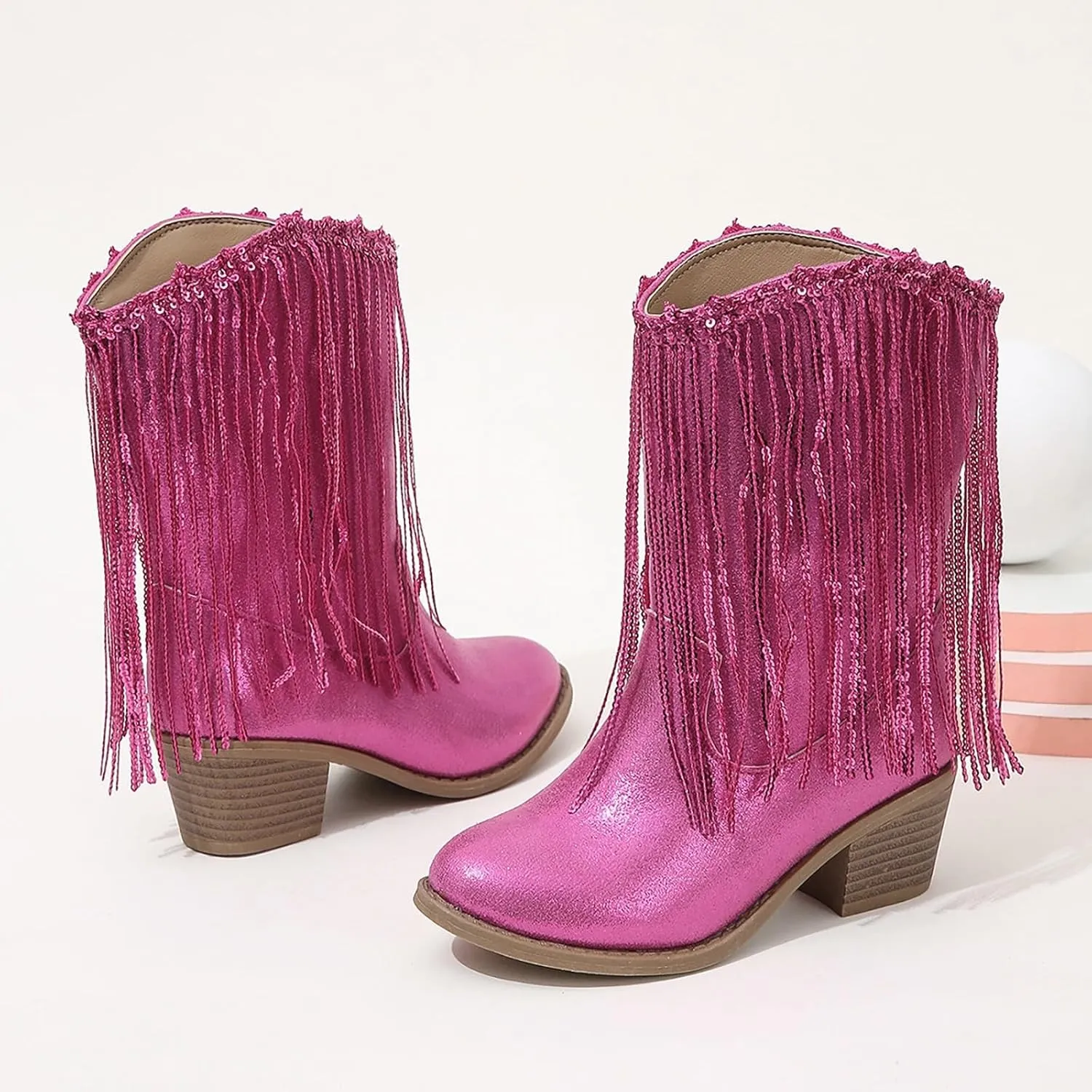 Cowgirl Boots for Girls Western Cowboy Boots Mid Calf Riding Shoes Glitter Fringe Mid Calf Boots with Block Low Heels
