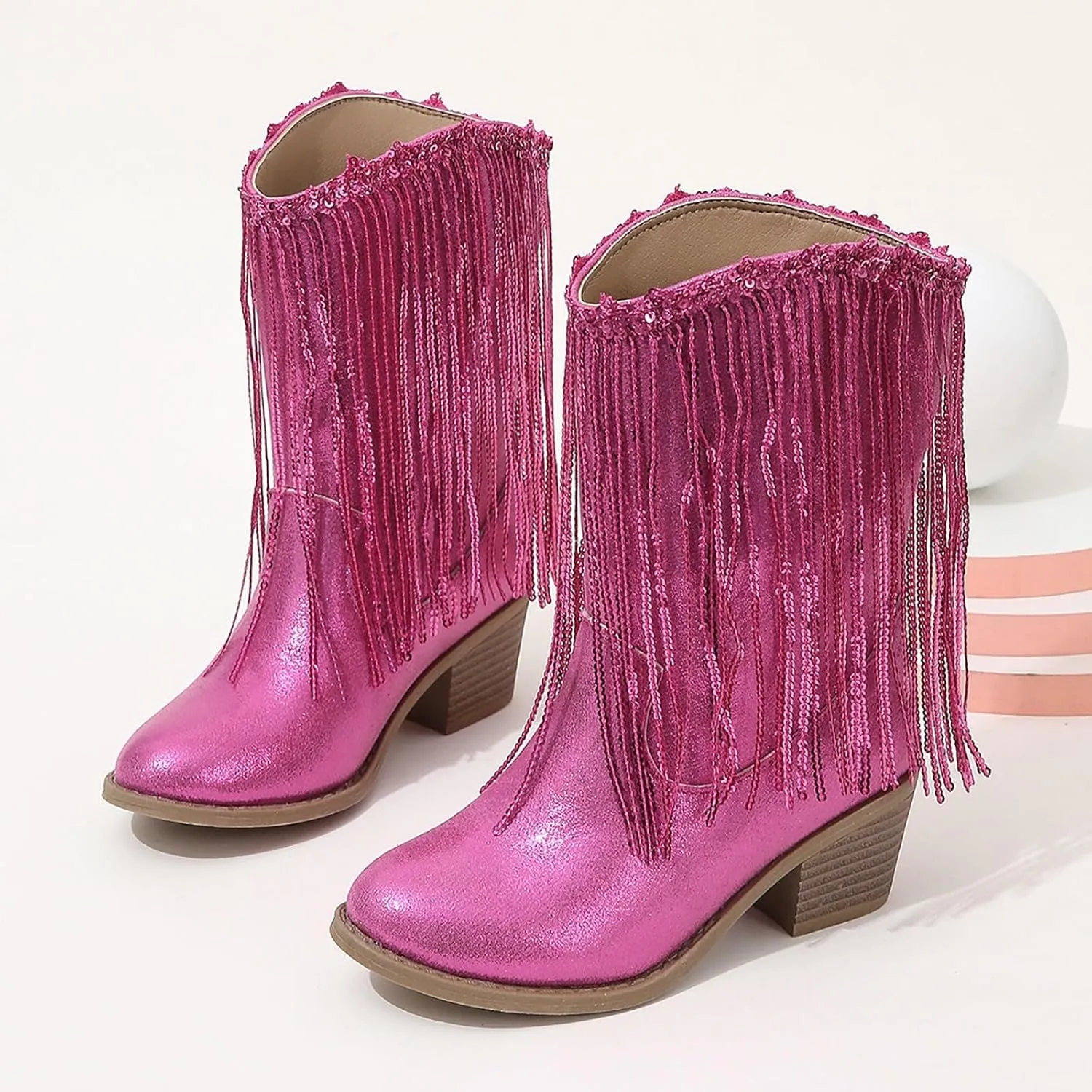 Cowgirl Boots for Girls Western Cowboy Boots Mid Calf Riding Shoes Glitter Fringe Mid Calf Boots with Block Low Heels