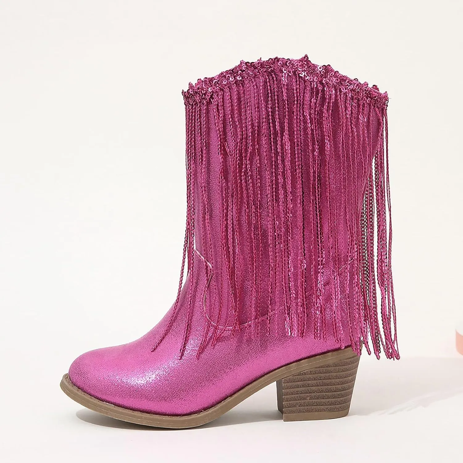 Cowgirl Boots for Girls Western Cowboy Boots Mid Calf Riding Shoes Glitter Fringe Mid Calf Boots with Block Low Heels