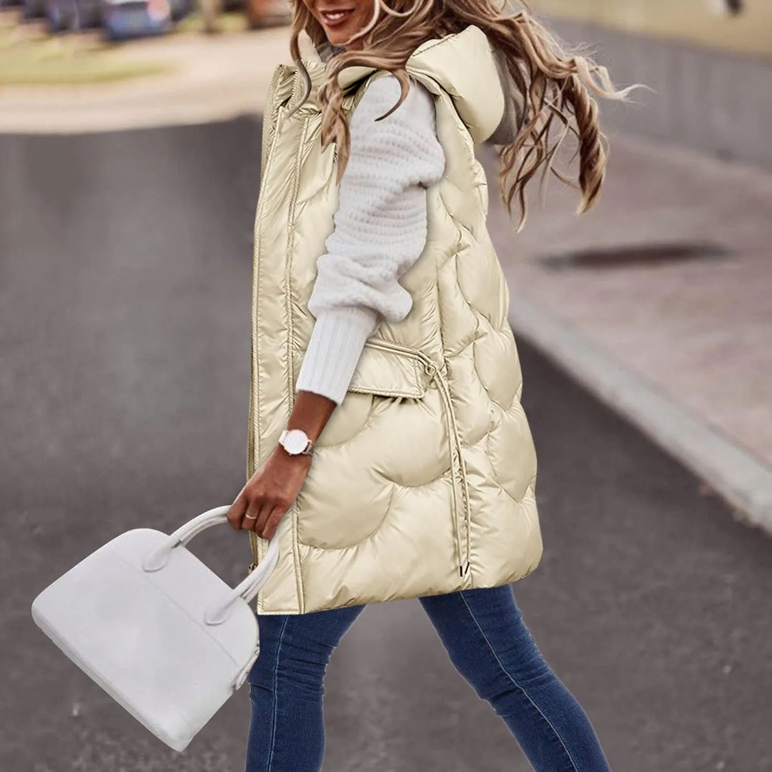 Eduavar Puffer Jacket Womens with Hood Winter Coats for Women 2024 Fashion Sleeveless Quilted Down Jacket with Pockets