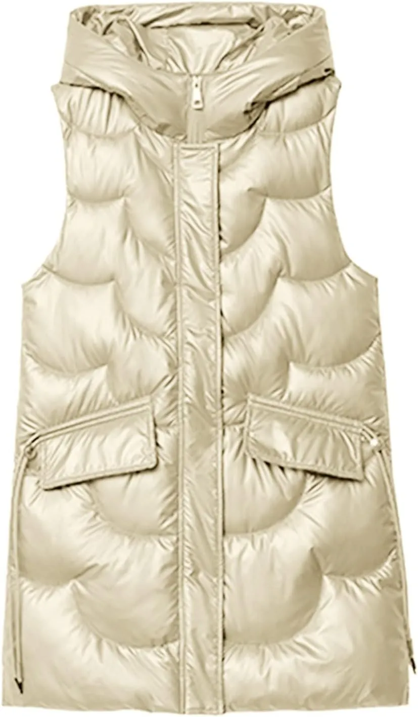 Eduavar Puffer Jacket Womens with Hood Winter Coats for Women 2024 Fashion Sleeveless Quilted Down Jacket with Pockets