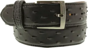 El Presidente Mens Black Ostrich Quill Print Leather Western Cowboy Belt Silver Buckle
