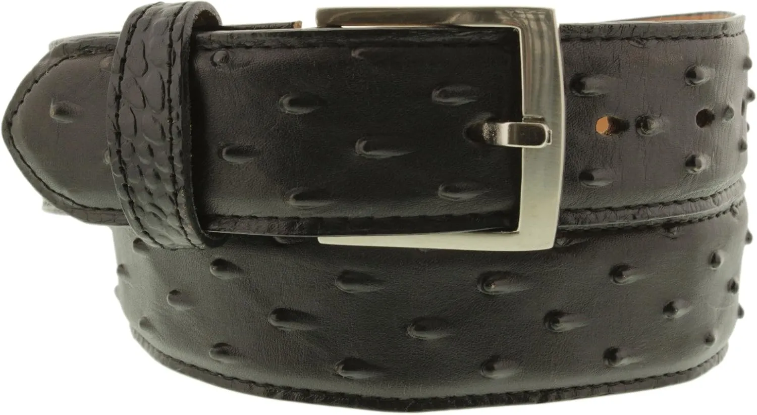 El Presidente Mens Black Ostrich Quill Print Leather Western Cowboy Belt Silver Buckle