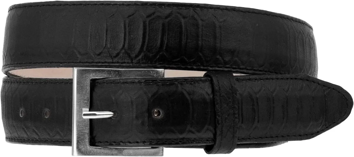 El Presidente Mens Black Snake Python Print Leather Cowboy Belt Silver Buckle