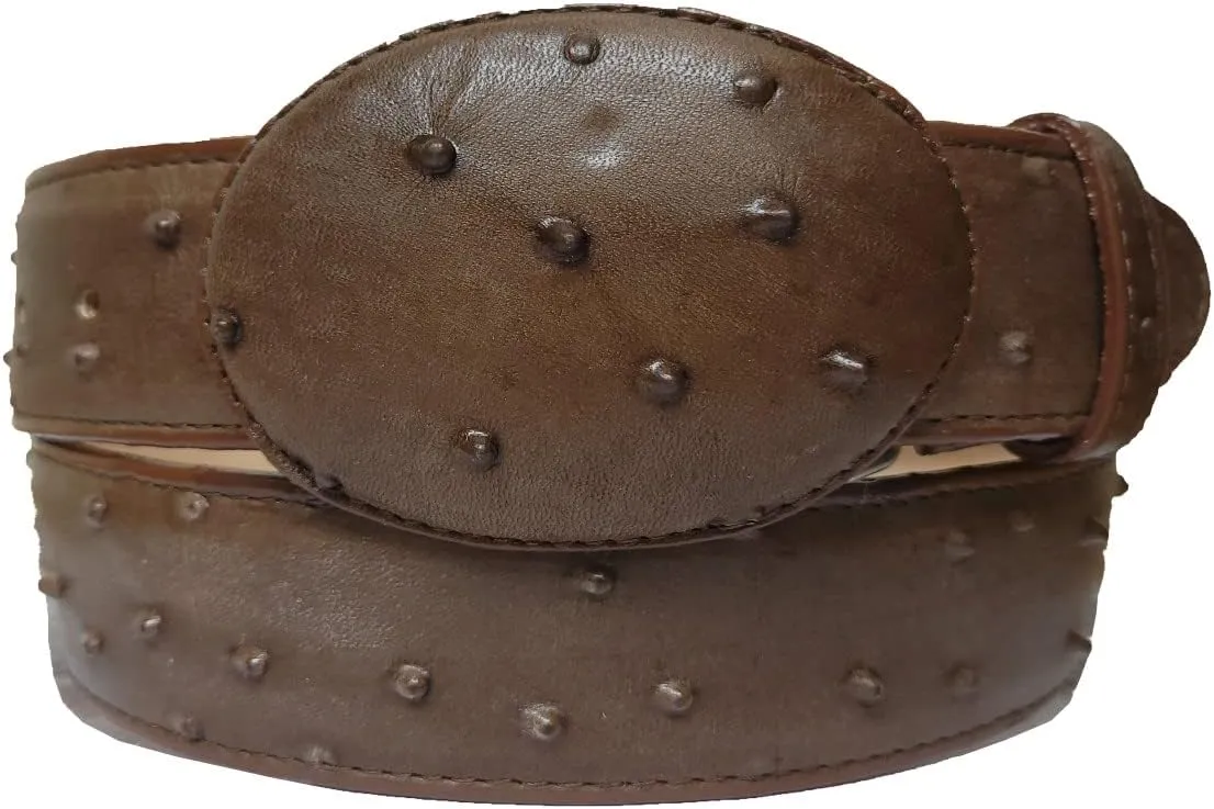 El Presidente Mens Brown Ostrich Quill Print Leather Western Cowboy Belt Rodeo Buckle