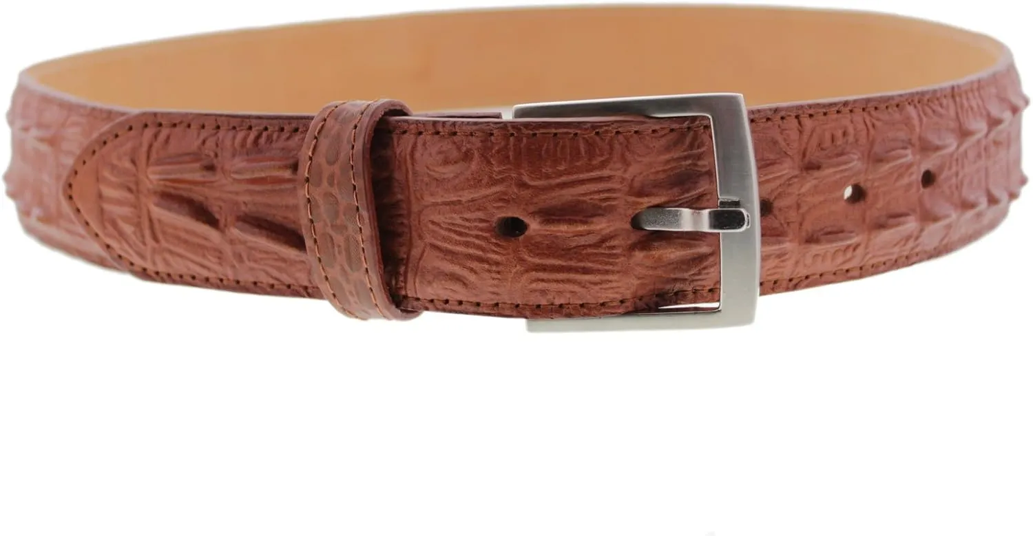 El Presidente Mens Cognac Cowboy Belt Crocodile Tail Print Leather Belt Silver Buckle