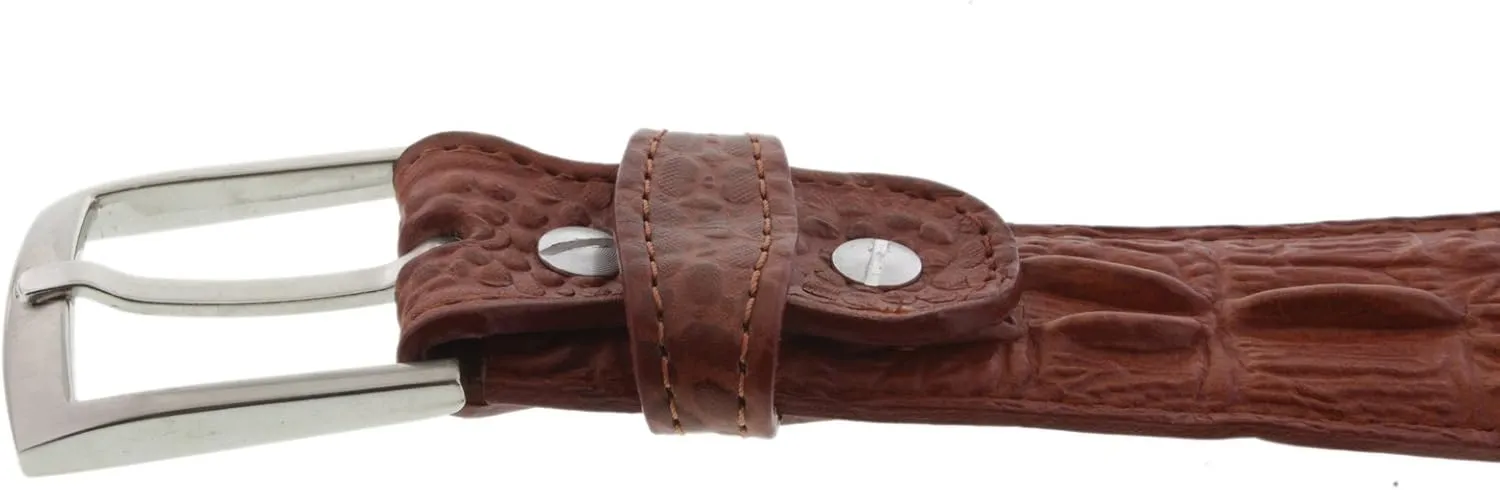 El Presidente Mens Cognac Cowboy Belt Crocodile Tail Print Leather Belt Silver Buckle