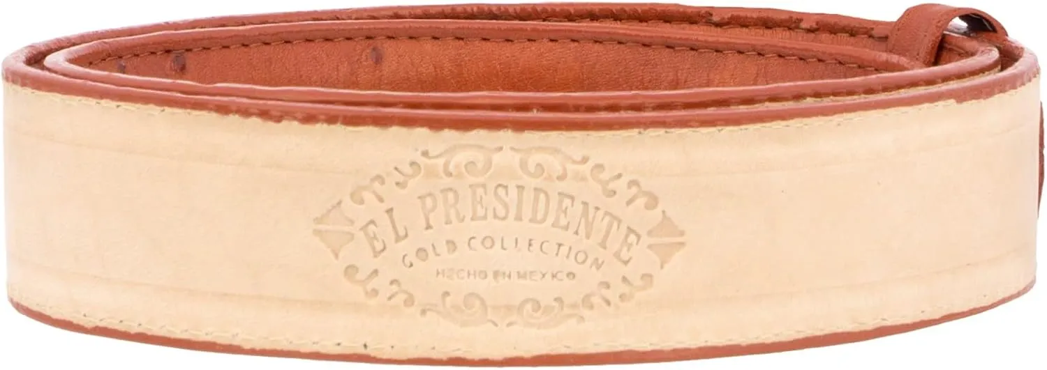 El Presidente Mens Cognac Ostrich Quill Print Leather Western Cowboy Belt Silver Buckle