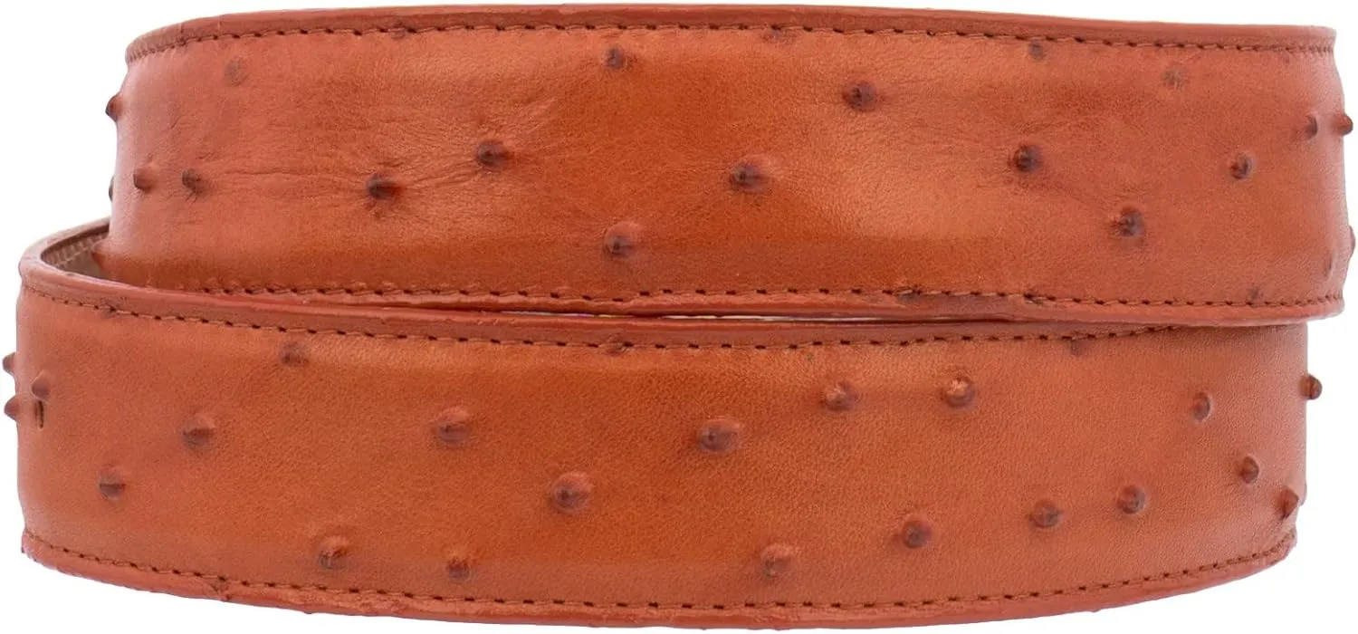 El Presidente Mens Cognac Ostrich Quill Print Leather Western Cowboy Belt Silver Buckle