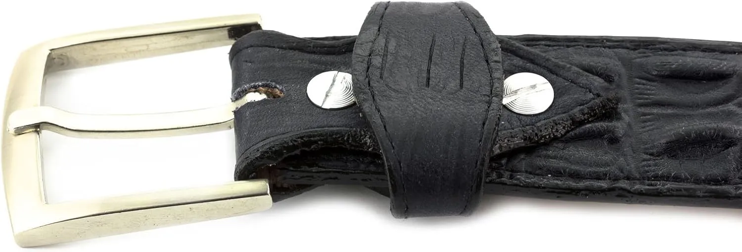 El Presidente Mens Denim Blue Cowboy Belt Crocodile Tail Print Leather Belt Silver Buckle