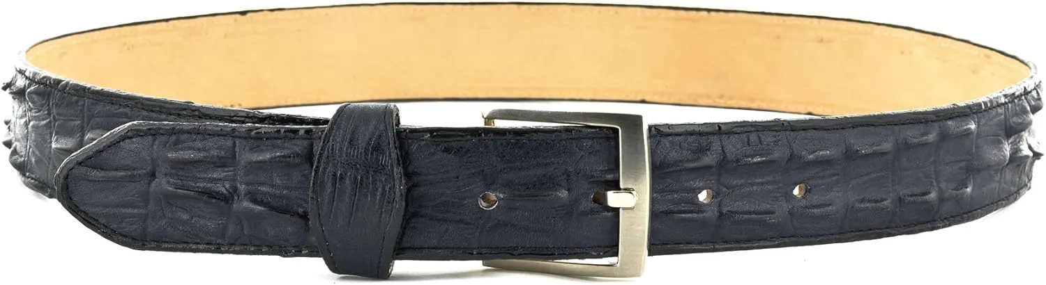 El Presidente Mens Denim Blue Cowboy Belt Crocodile Tail Print Leather Belt Silver Buckle