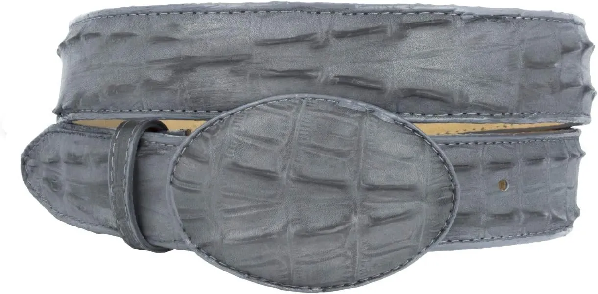 El Presidente Mens Gray Cowboy Belt Crocodile Tail Print Leather Belt Round Buckle