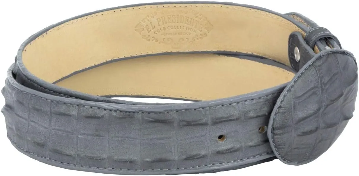El Presidente Mens Gray Cowboy Belt Crocodile Tail Print Leather Belt Round Buckle
