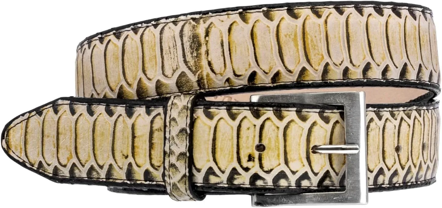 El Presidente Mens Natural Snake Python Print Leather Cowboy Belt Silver Buckle